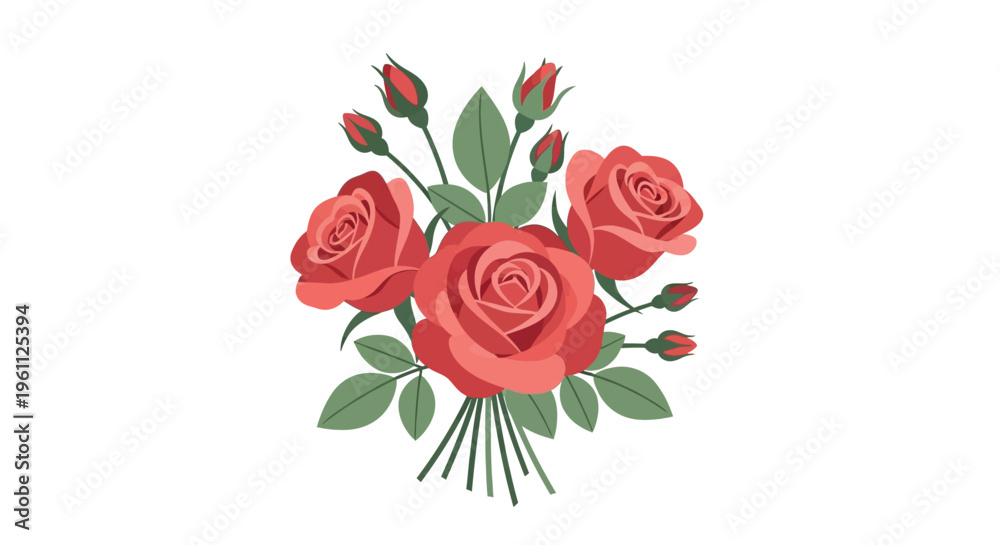 Fototapeta premium A beautiful bouquet of roses with green leaves and buds on a stem