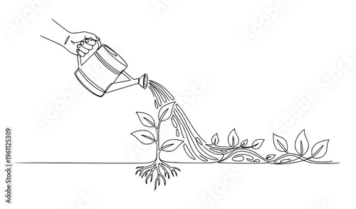Creative continuous line drawing watering plant life cycle eco concept Earth day minimal vector illustration