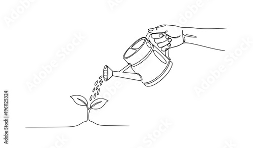 Continuous line drawing hand watering plant seedling Earth day environmental protection concept minimalist vector