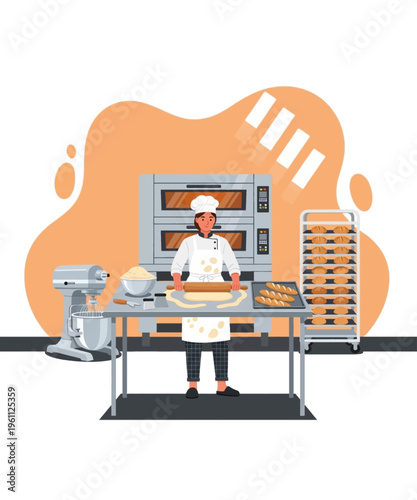 Professional baker skillfully rolls dough with a wooden pin in a commercial bakery setting