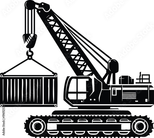 Silhouette of a crawler crane lifting a shipping container industrial construction equipment vector illustration for logistics and heavy industry concepts isolated on white background