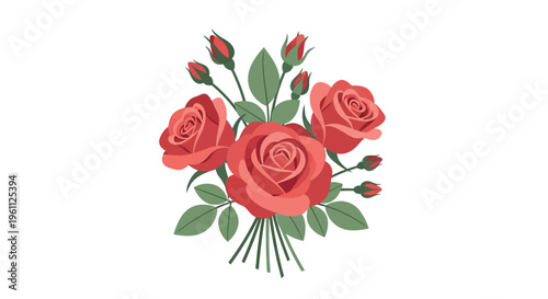 A beautiful bouquet of roses with green leaves and buds on a stem