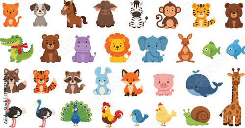 Collection of Cute Animal Illustrations Featuring Lion, Elephant, Tiger, Monkey, Giraffe, and Other Adorable Wildlife