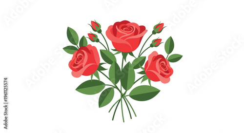 A vibrant bouquet of roses in full bloom with lush green leaves and buds