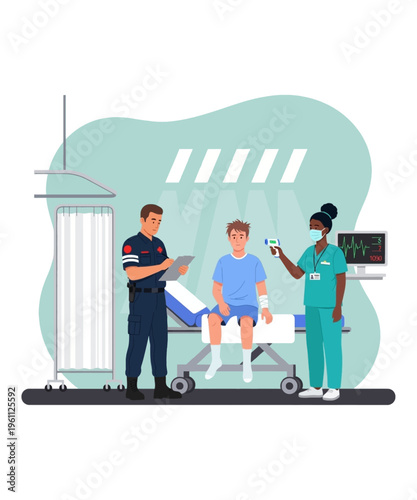 Medical professionals, a nurse and paramedic, perform a health check on an injured male patient in a clinical setting.