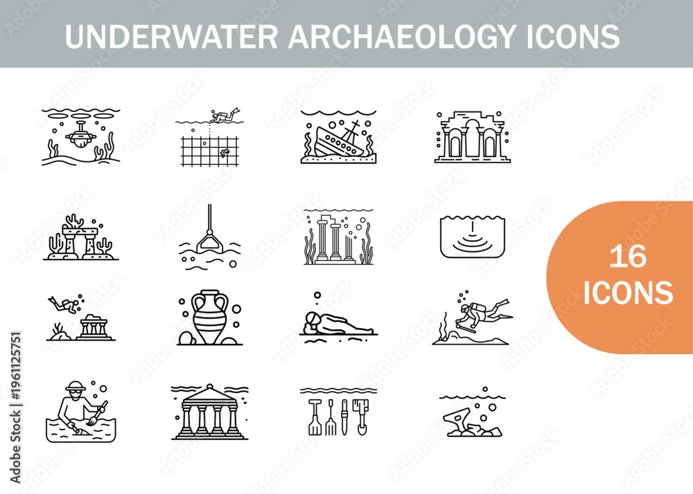 Fototapeta premium Underwater archaeology icons depicting shipwrecks artifacts and diving explorations high quality