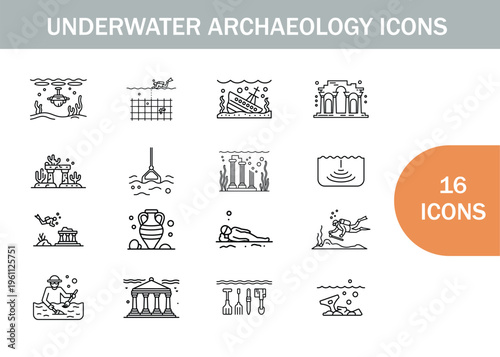 Underwater archaeology icons depicting shipwrecks artifacts and diving explorations high quality