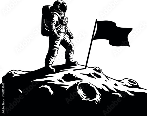 Astronaut standing on moon surface with flag illustration