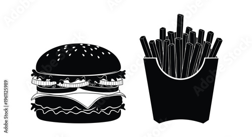Black silhouettes of a burger and fries fast food illustration silhouette
