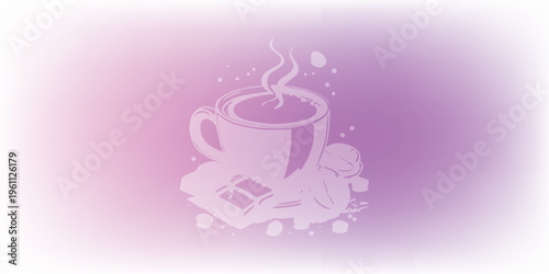 A stylized illustration of a steaming cup of coffee with chocolate on a soft purple background.