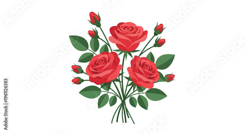 A vibrant bouquet of roses with green leaves and red buds on stems