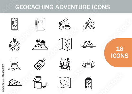 Geocaching adventure icons map compass gps and outdoor exploration imagery