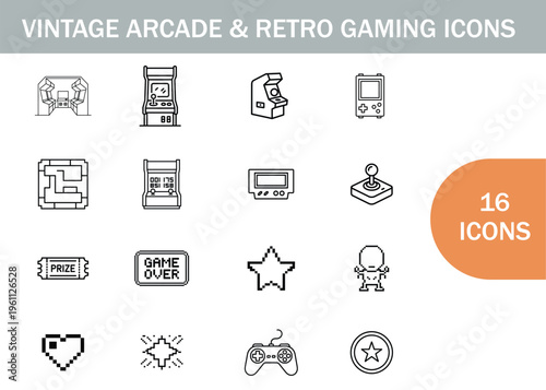 Vintage arcade and retro gaming icons in a minimalist black and white style