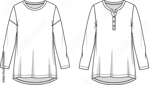 Women's Long Sleeve Crew Neck and Henley Shirt Vector Technical Fashion Flat Sketch Set with Drop Shoulder and Curved Hem