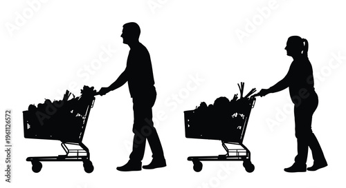 Couple shopping with full grocery carts depicted in black silhouette