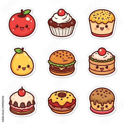 Adorable 9-Grid Food Stickers – Smiling Desserts, Fruits & Snacks Illustration