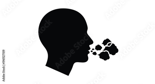 A human head profile exhaling clouds of smoke in black silhouette