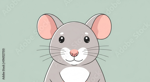 Cute gray cartoon mouse with pink ears and white chest on mint green background smiling and looking forward with big eyes