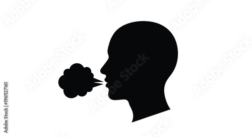 A black silhouette of a head exhaling a cloud of smoke silhouette