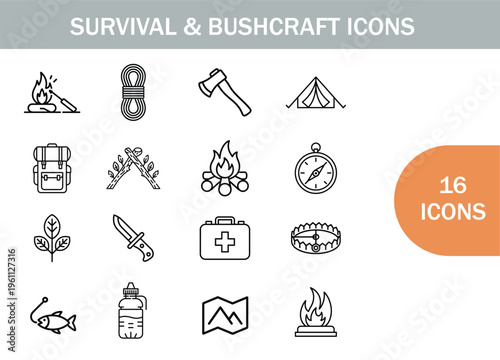 Survival and bushcraft icons depicting essential outdoor equipment and elements