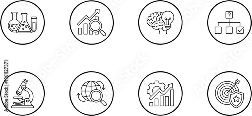 Research science and strategic analysis vector icon collection featuring laboratory equipment data visualization brain innovation and problem solving symbols.