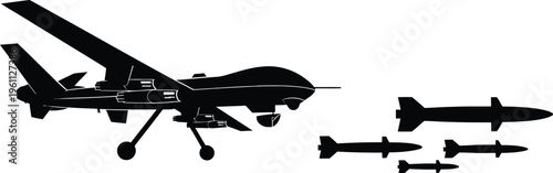 Military drone UAV silhouette set, black vector icons of unmanned aircraft with rockets and weapon systems representing defense aviation and modern warfare technology.