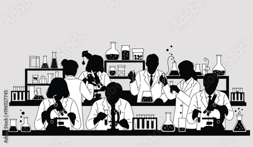 Diverse scientists in a lab conducting experiments with beakers and microscopes