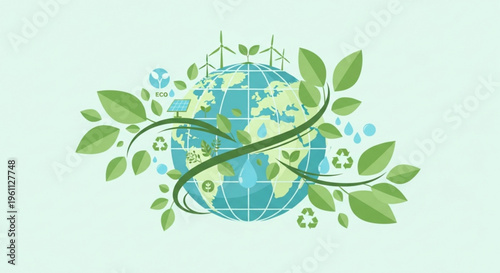 Earth with green leaves and eco friendly symbols representing environmental conservation and sustainability on a light blue background