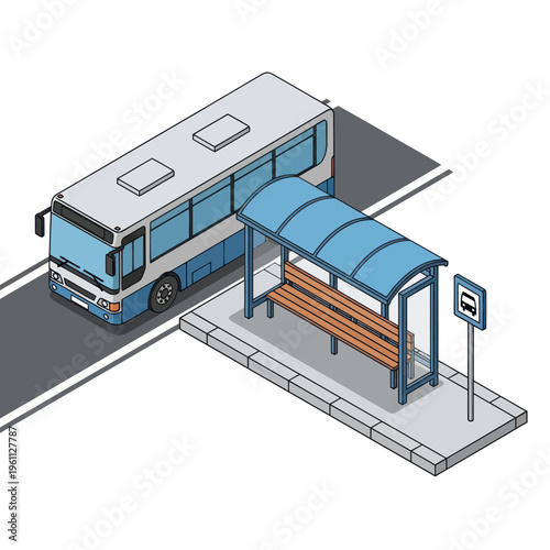Isometric Bus Stop Illustration with Bus and Shelter.