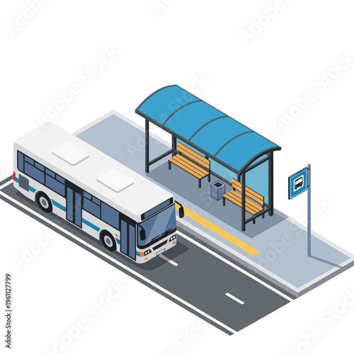 Isometric Bus Stop Scene with Bus and Shelter.