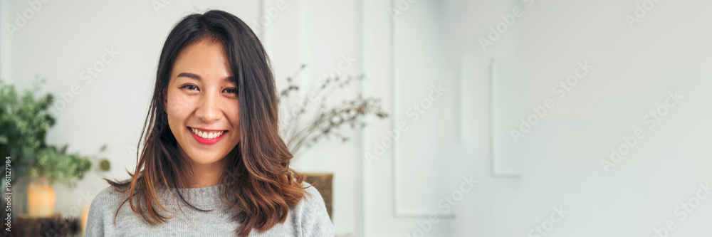 Naklejka premium Banner Portrait Asian women happiness smiling laugh happy person look at camera. Banner Beautiful happy girl portrait joy cheerful. Confidence females candid shot woman smile face with copy space