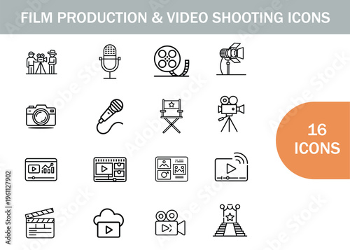 Film production and video shooting icons displaying common equipment and concepts