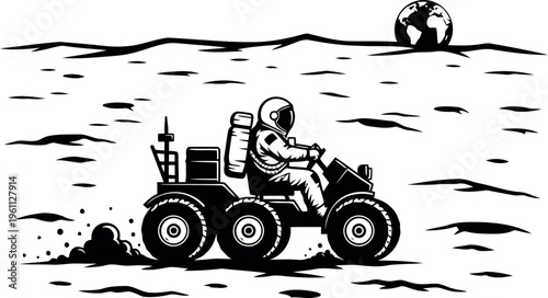 Astronaut driving lunar rover across moon surface with Earth visible