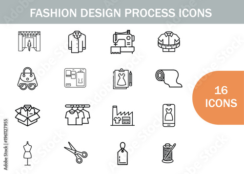Fashion design process illustrated with sixteen minimalist line icons on white background