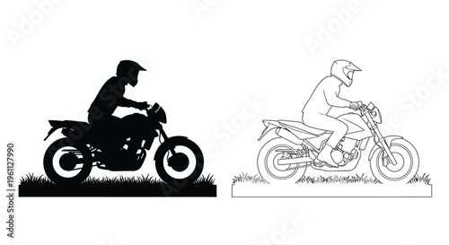 Two motorcyclists riding on grass depicted in stark silhouette