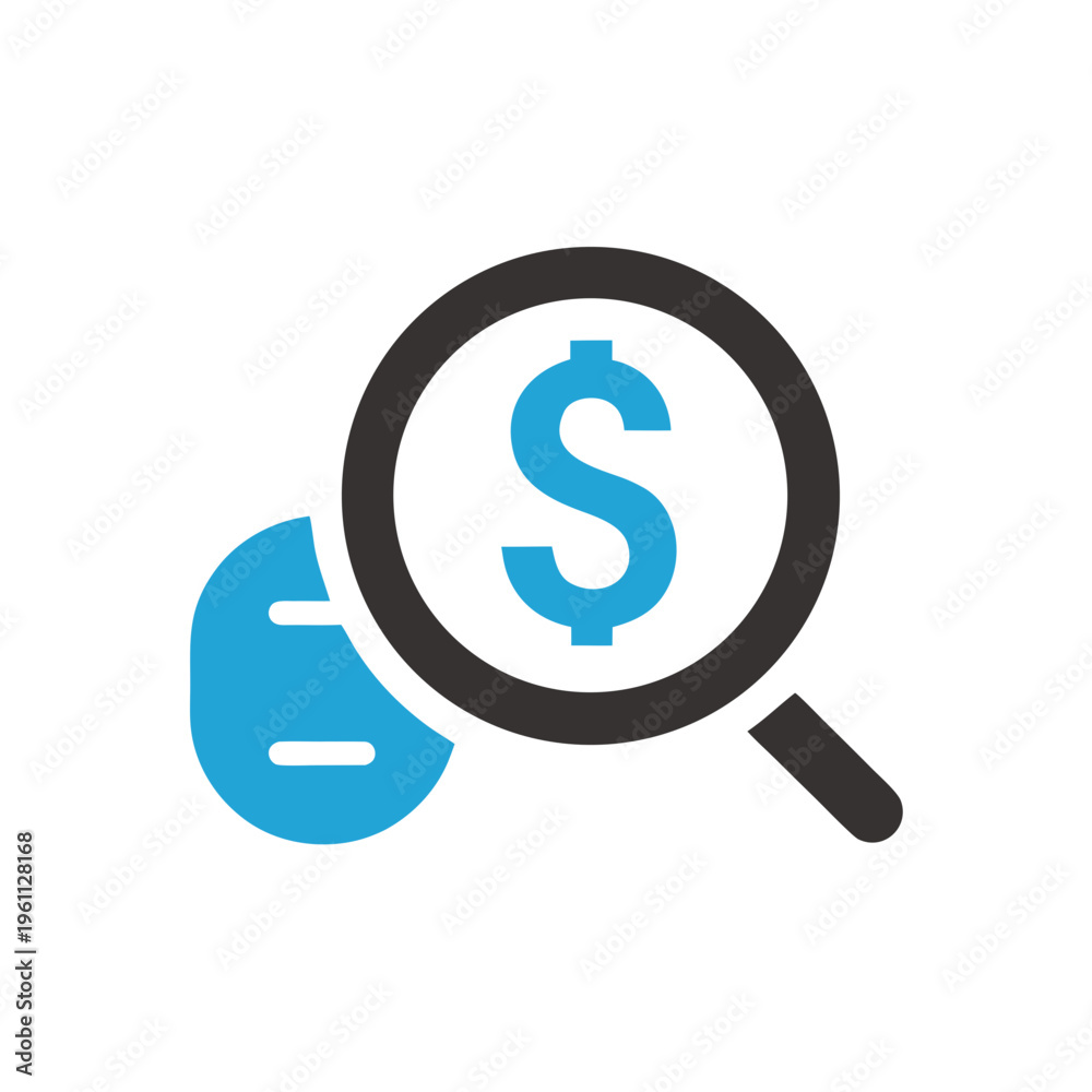 Fototapeta premium Financial analytics icon magnifying glass over dollar sign and pie chart slice