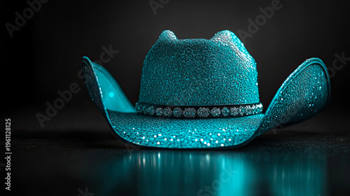 Striking Close-Up of Glittering Teal Cowboy Hat with Diamond Accents Resting on Dark Reflective Surface Under Dramatic Lighting