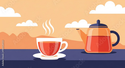 Steaming cup of tea and teapot on a table with a scenic mountain background at sunset