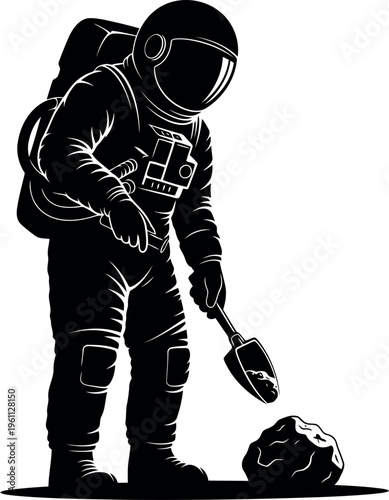 Astronaut collecting space rock with shovel on moon surface illustration