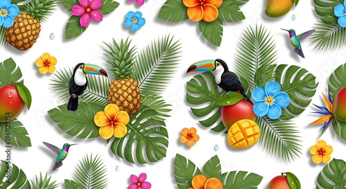 Tropical seamless pattern with toucans and pineapples, exotic summer background with palm leaves and hibiscus flowers, vibrant jungle wallpaper