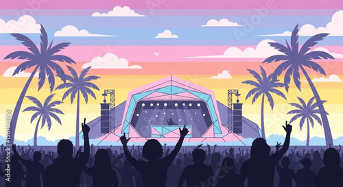 Music festival crowd enjoying live concert at sunset with palm trees and vibrant stage lights