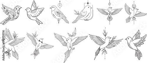 Minimalistic Boho Bird Tattoo Collection – Elegant Line Art Vector Set