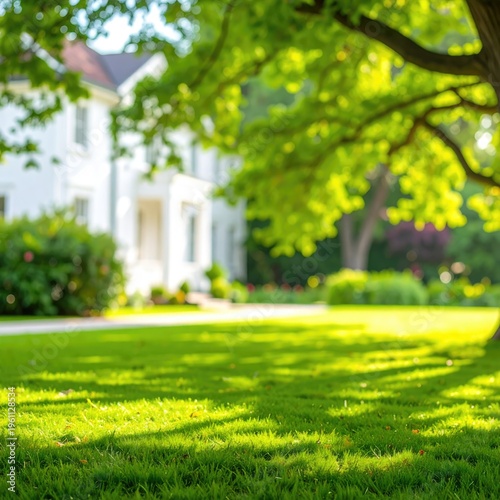 Grassy lawn leads to blurred home under a large tree's shade
