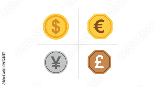 Four major global currencies displayed in circular icons with distinct colors