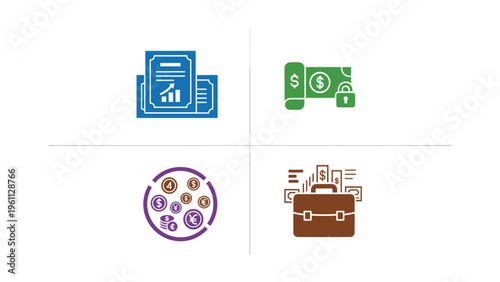 Four icons representing financial management, investment, technology, and savings