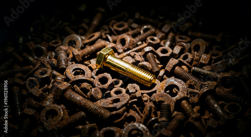 Single gleaming gold bolt stands out dramatically against dark background pile of numerous old, rusty metal screws, nuts, and washers, symbolizing value and contrast