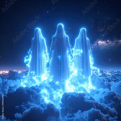 Three glowing shrouded figures, bathed in blue light, float above clouds