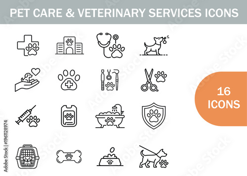 Pet care and veterinary services icons in a simple line art style