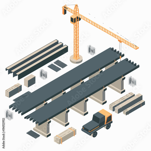 Isometric Bridge Construction Site (Precast Beams, Rebar, Crane) – Vector Illustration