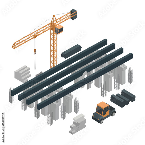 Isometric Bridge Construction Site (Precast Beams, Rebar, Crane) – Vector Illustration